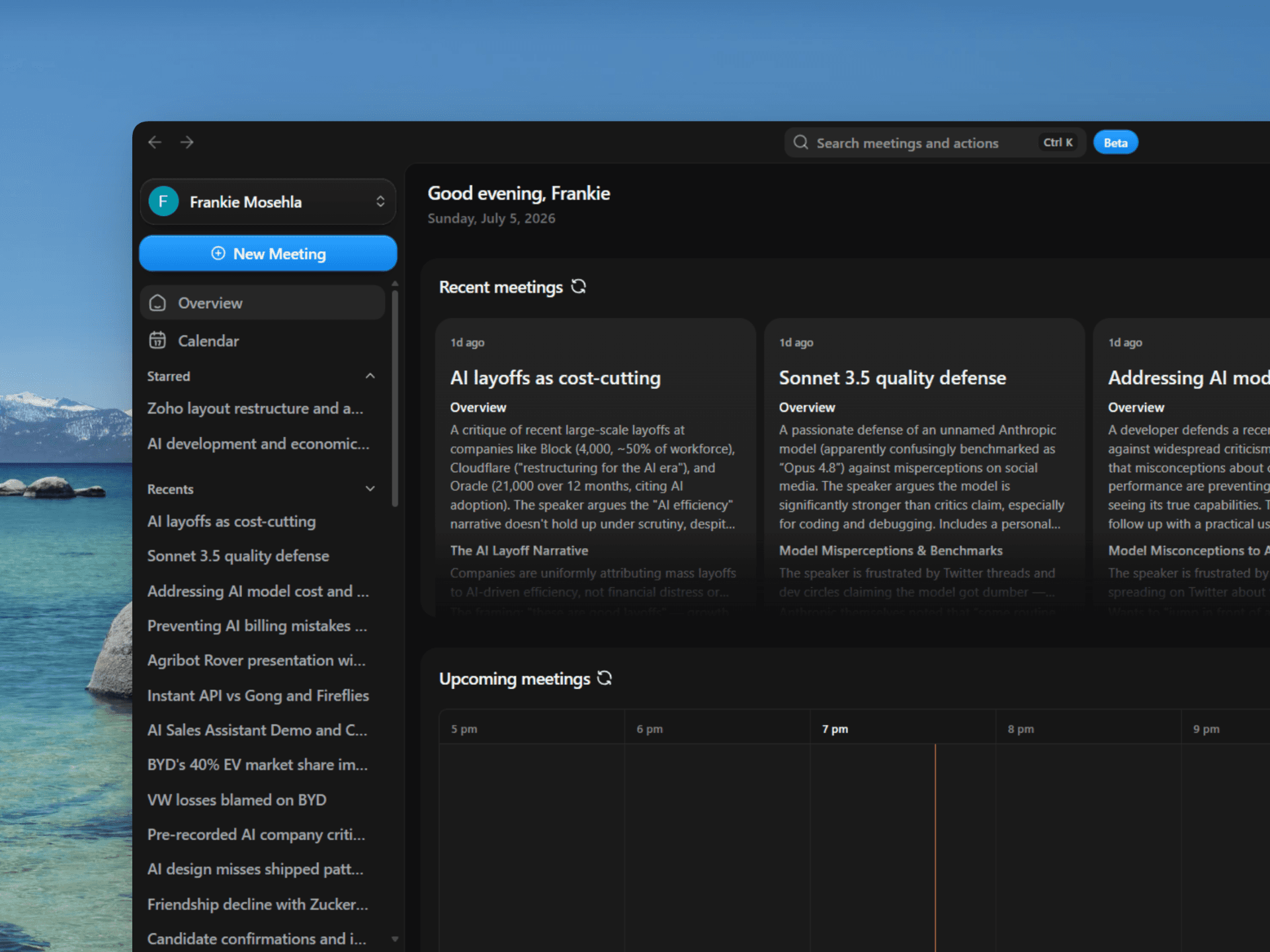 Veilo dashboard with recent and upcoming meetings
